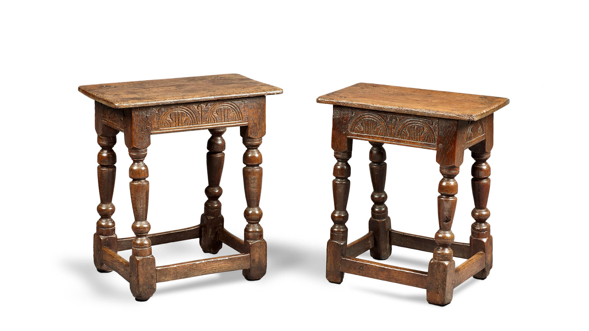 Near Pair of Charles I Oak and Elm Joined Stools, Gloucestershire, circa 1630-1640