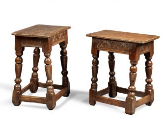 Near Pair of Charles I Oak and Elm Joined Stools, Gloucestershire, circa 1630-1640