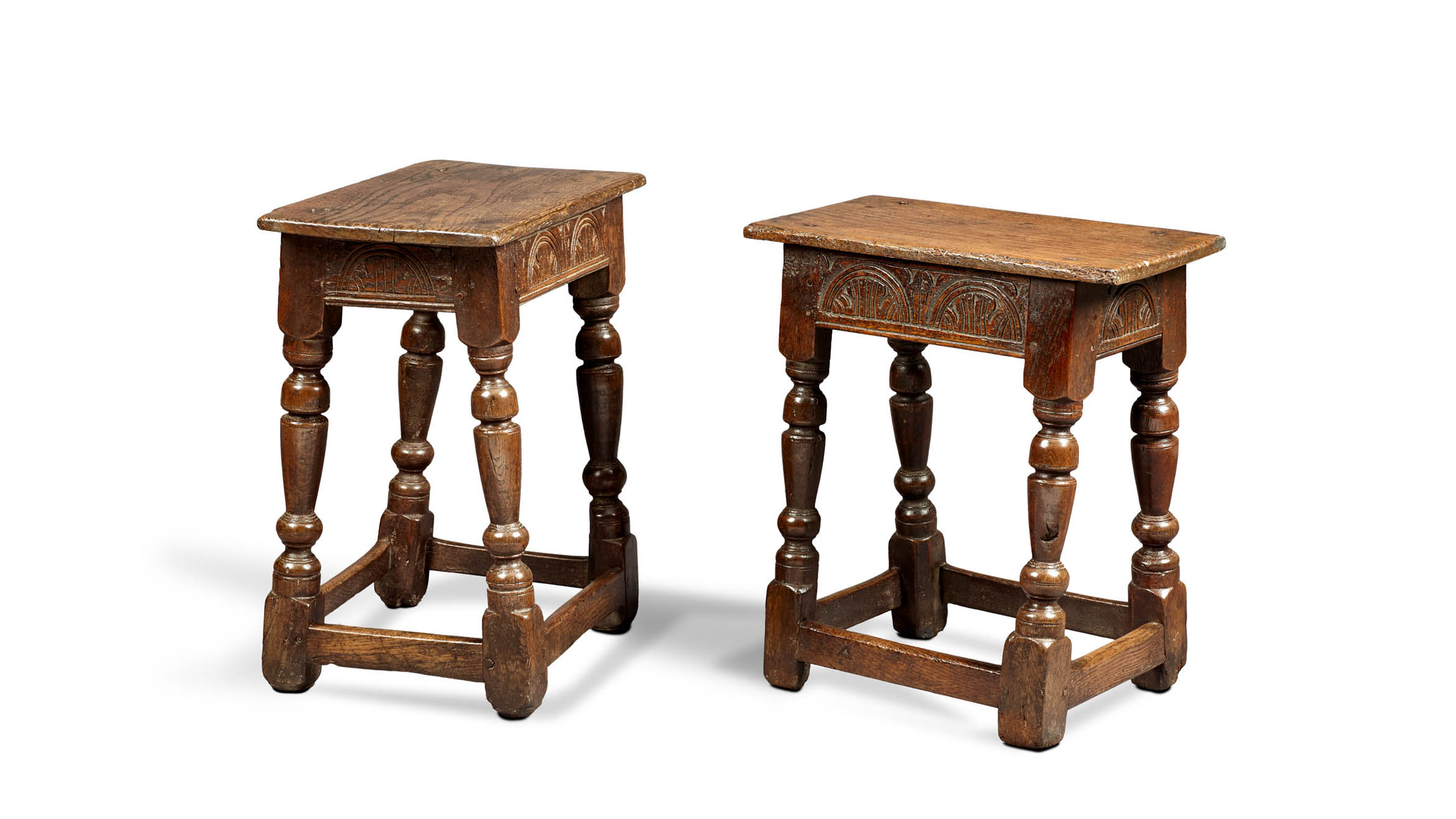 Near Pair of Charles I Oak and Elm Joined Stools, Gloucestershire, circa 1630-1640