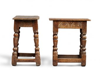 Near Pair of Charles I Oak and Elm Joined Stools, Gloucestershire, circa 1630-1640