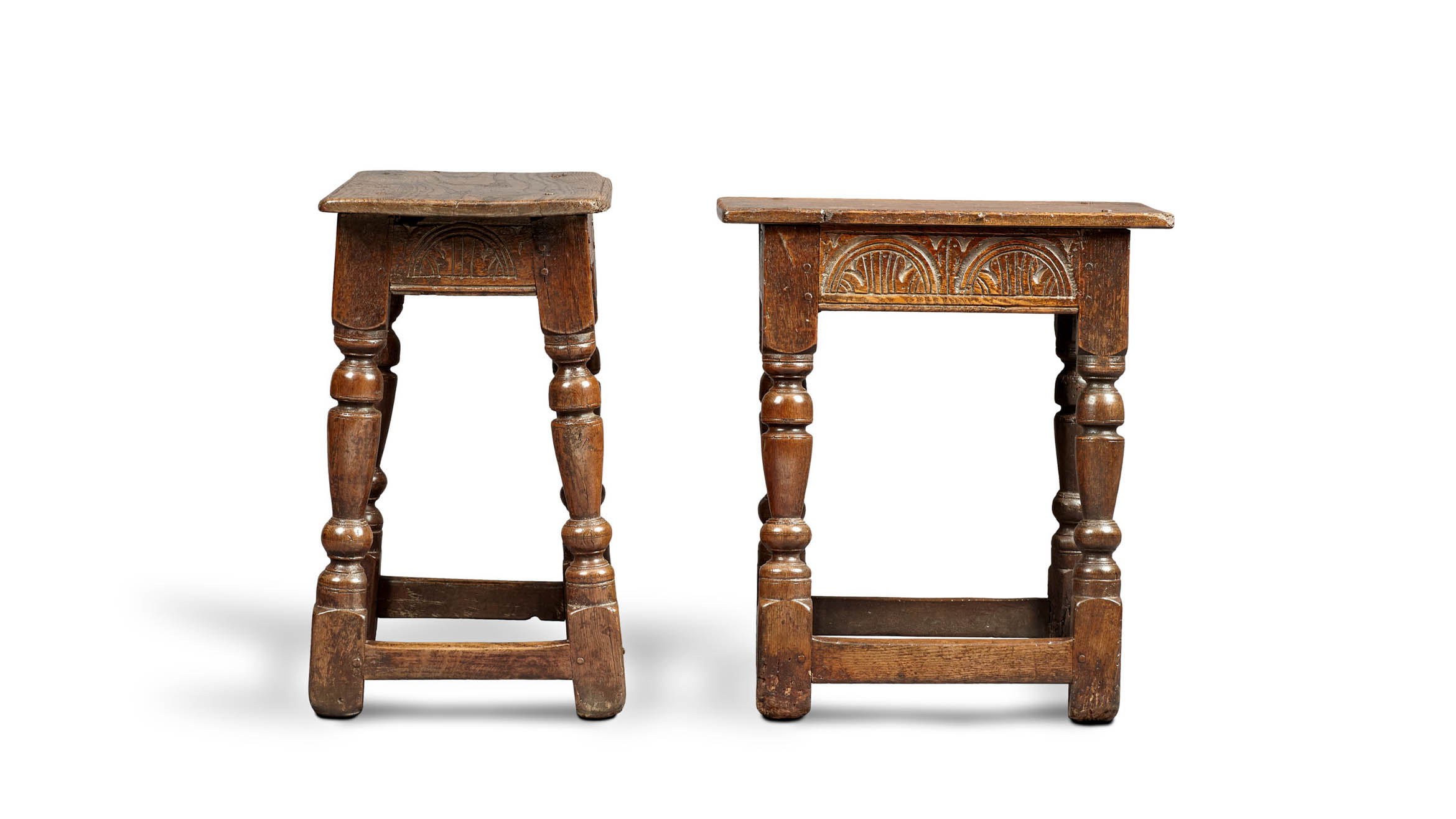 Near Pair of Charles I Oak and Elm Joined Stools, Gloucestershire, circa 1630-1640