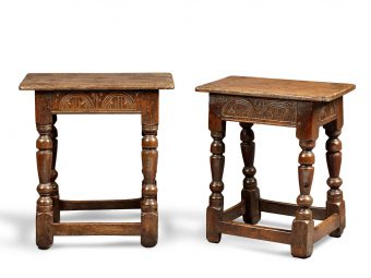 Near Pair of Charles I Oak and Elm Joined Stools, Gloucestershire, circa 1630-1640