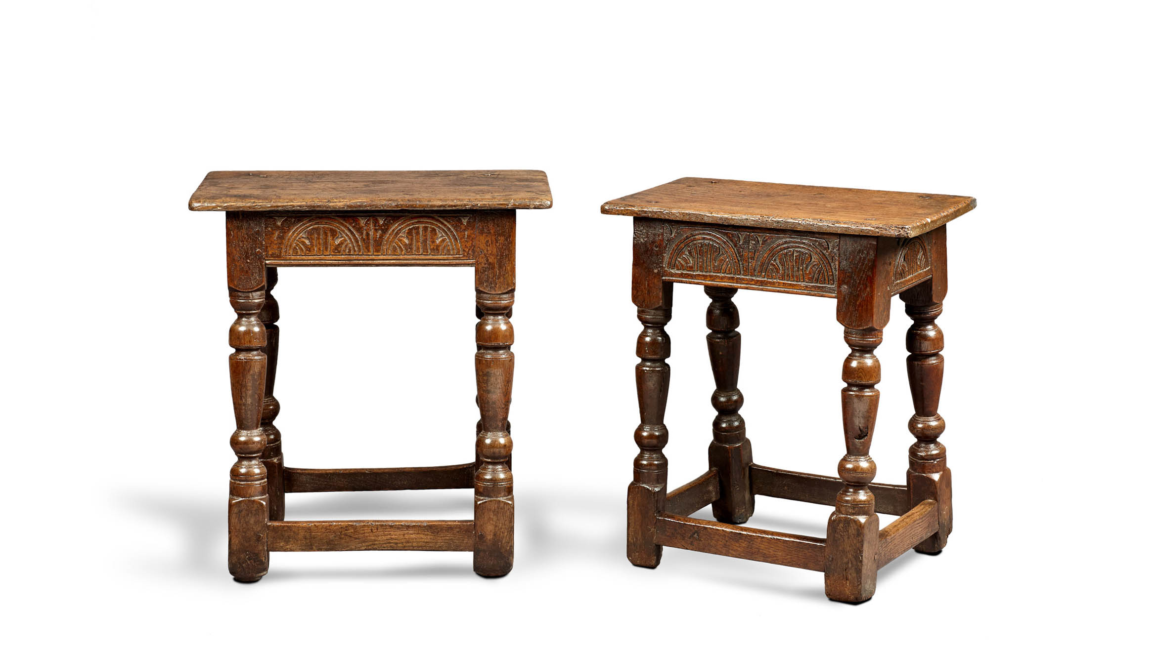Near Pair of Charles I Oak and Elm Joined Stools, Gloucestershire, circa 1630-1640