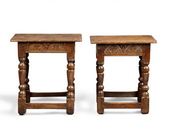 Near Pair of Charles I Oak and Elm Joined Stools, Gloucestershire, circa 1630-1640
