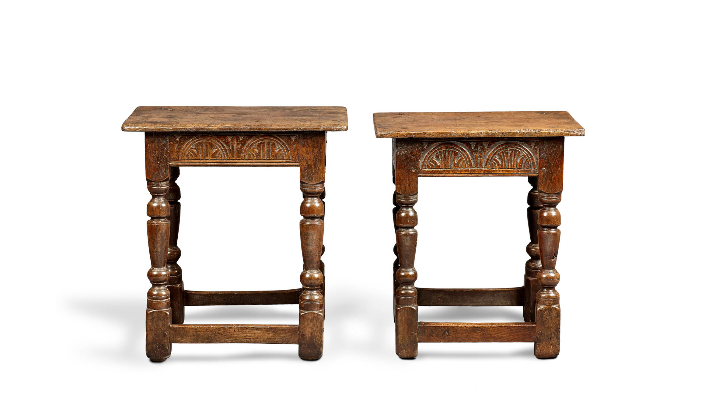 Near Pair of Charles I Oak and Elm Joined Stools, Gloucestershire, circa 1630-1640