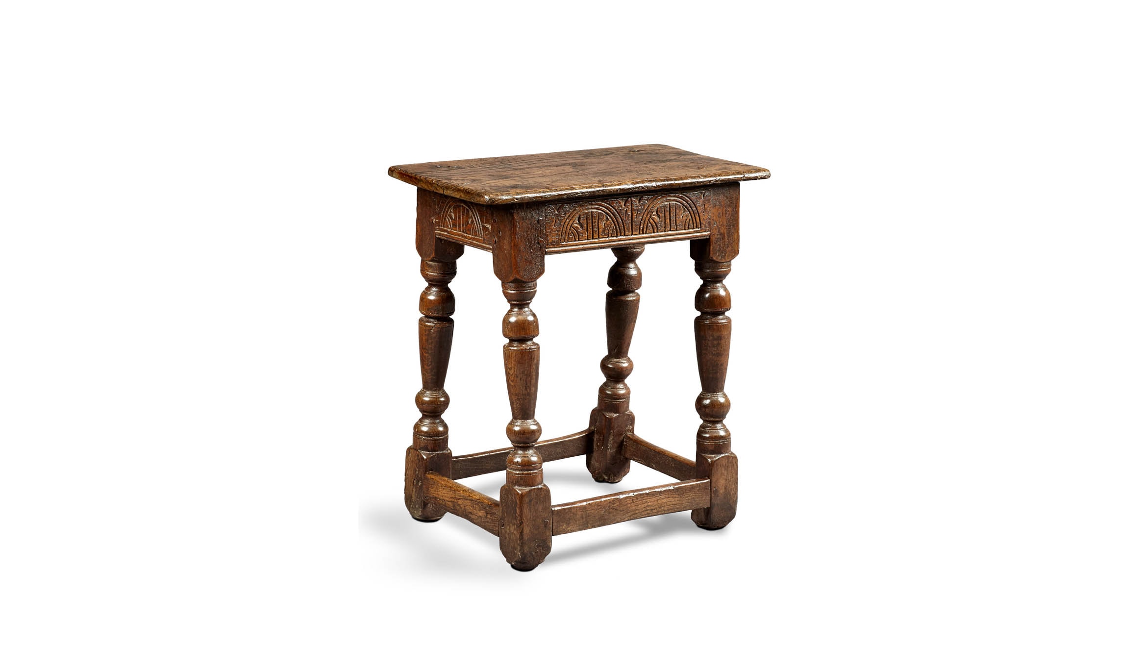 Near Pair of Charles I Oak and Elm Joined Stools, Gloucestershire, circa 1630-1640