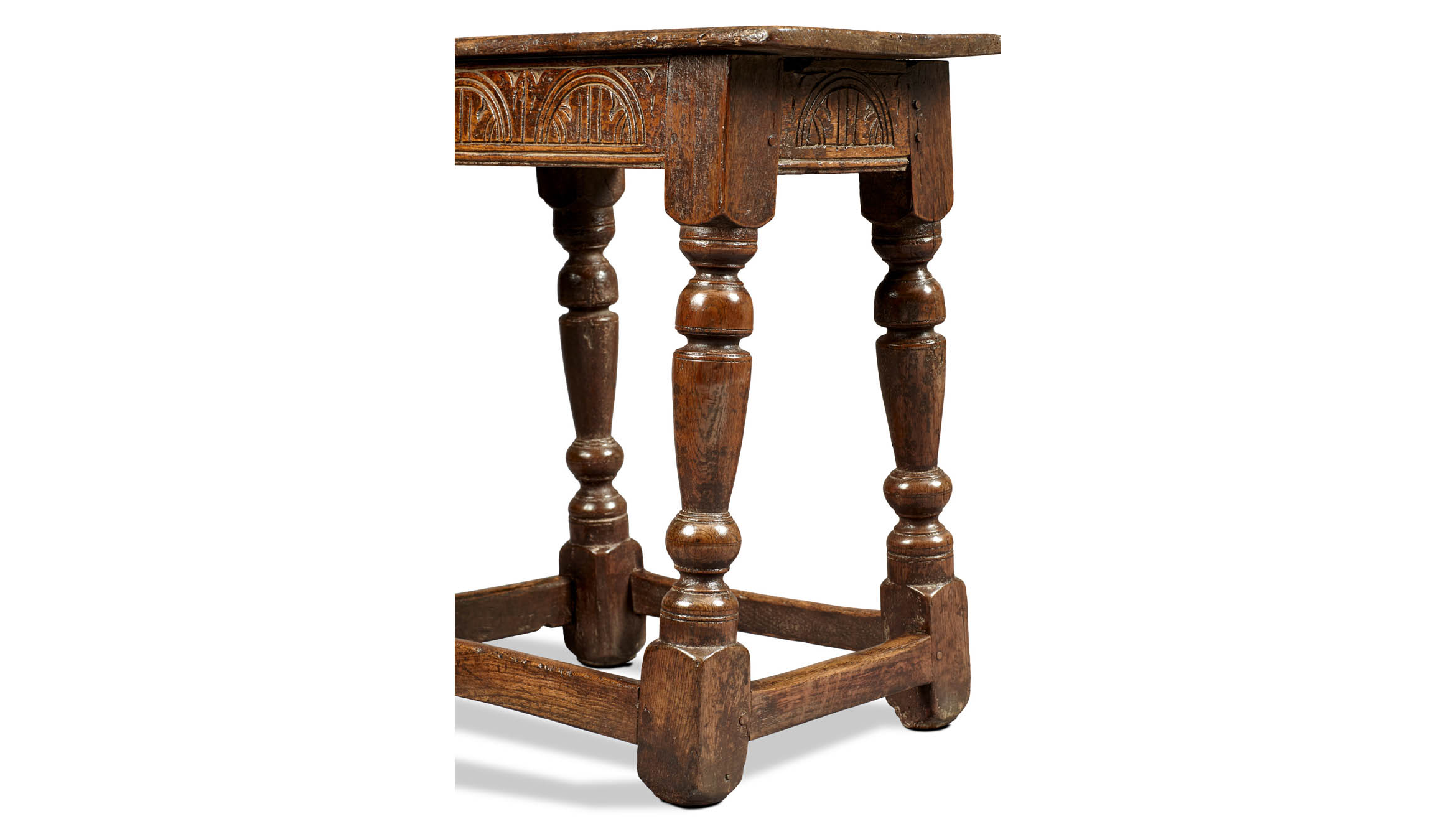 Near Pair of Charles I Oak and Elm Joined Stools, Gloucestershire, circa 1630-1640