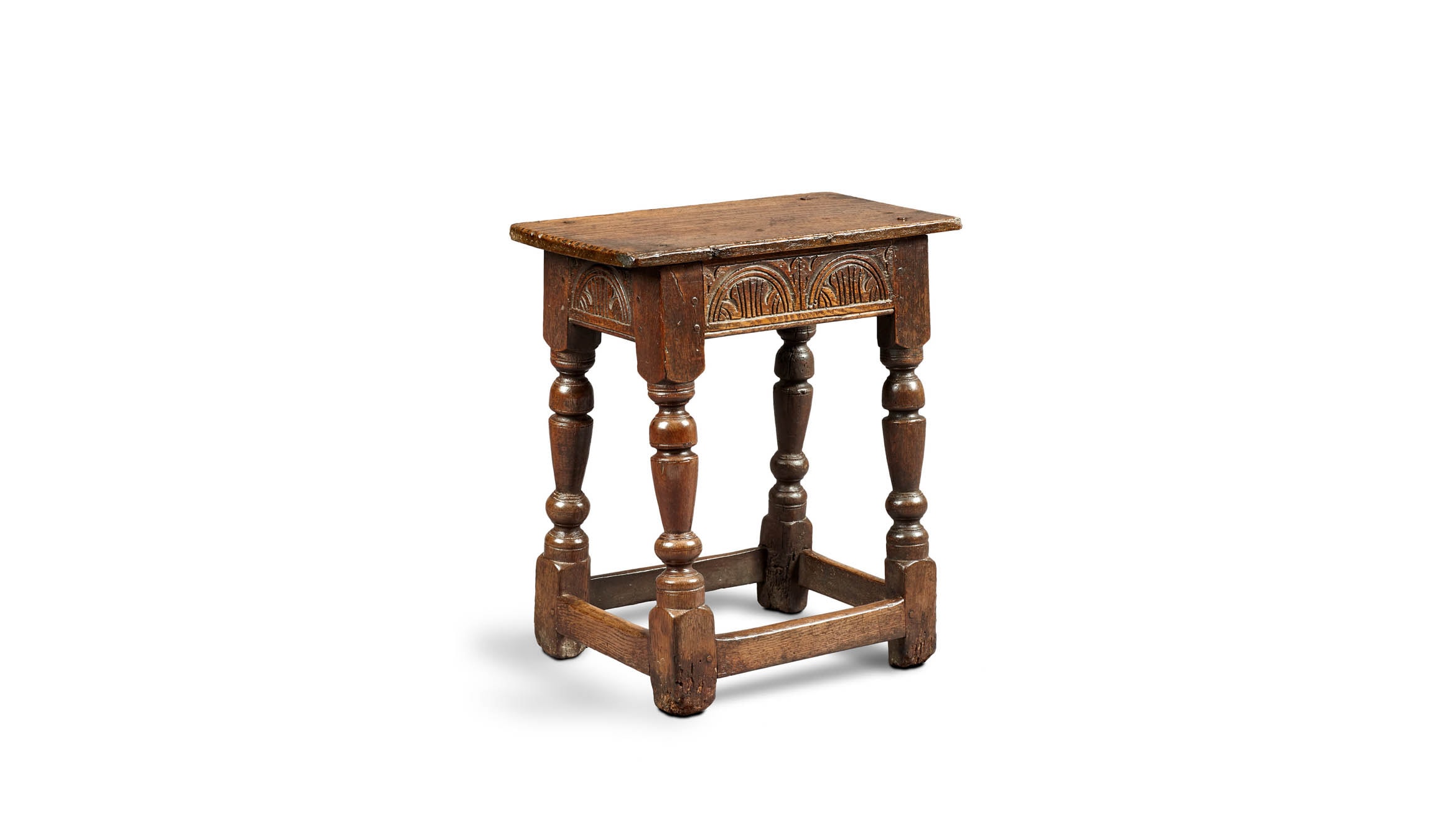 Near Pair of Charles I Oak and Elm Joined Stools, Gloucestershire, circa 1630-1640