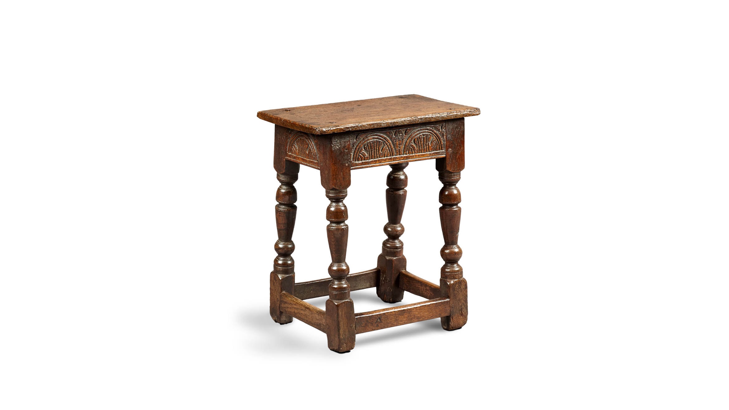 Near Pair of Charles I Oak and Elm Joined Stools, Gloucestershire, circa 1630-1640