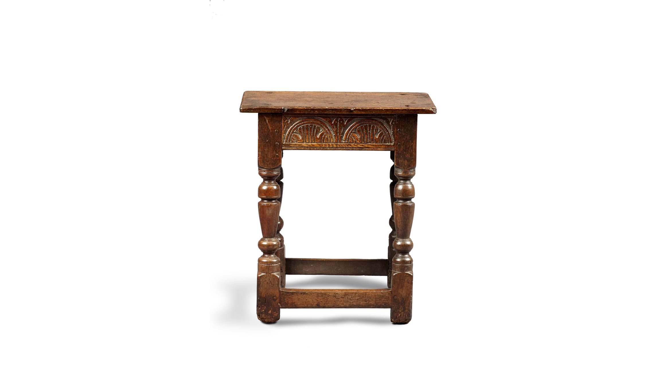 Near Pair of Charles I Oak and Elm Joined Stools, Gloucestershire, circa 1630-1640