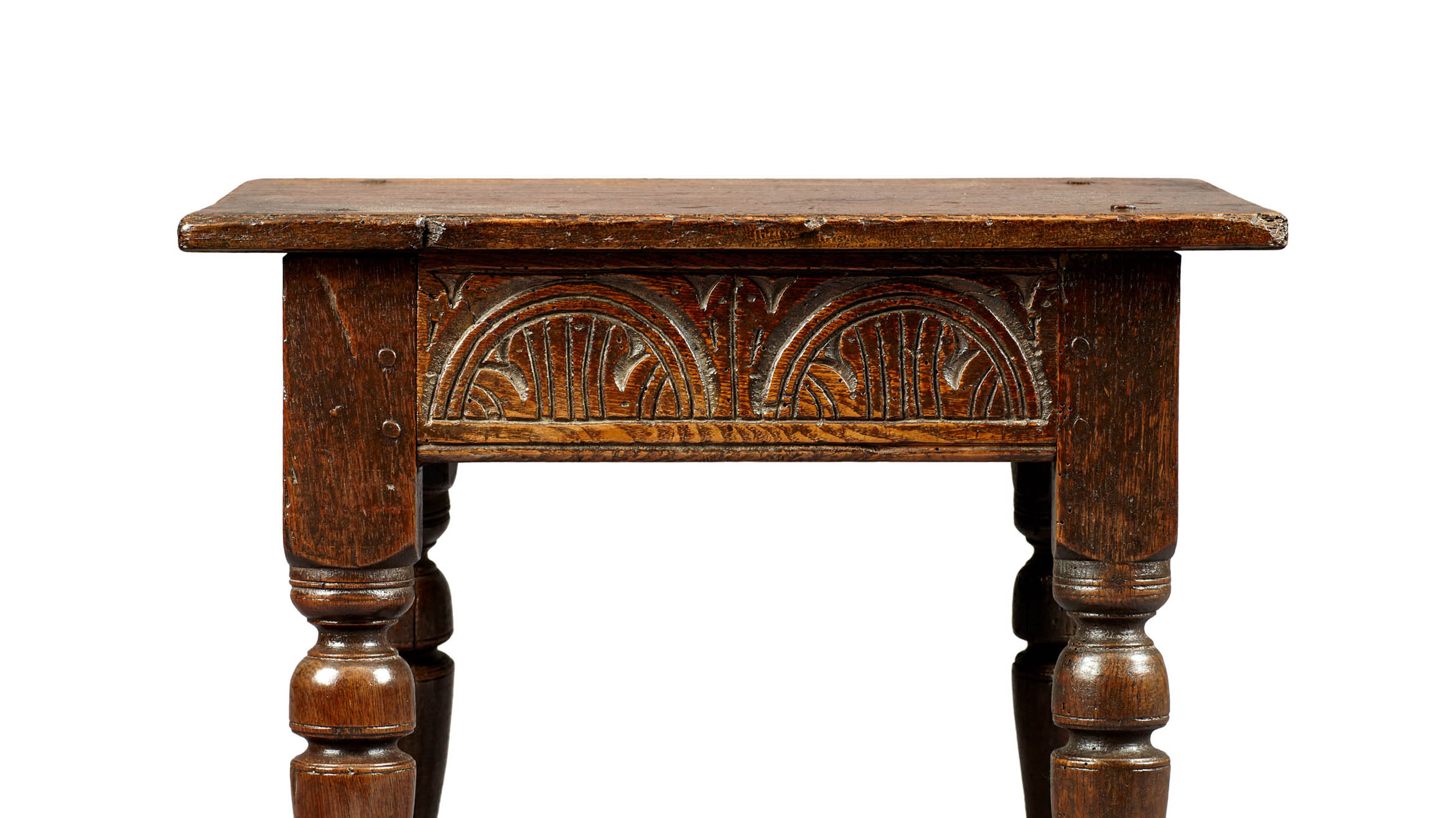 Near Pair of Charles I Oak and Elm Joined Stools, Gloucestershire, circa 1630-1640