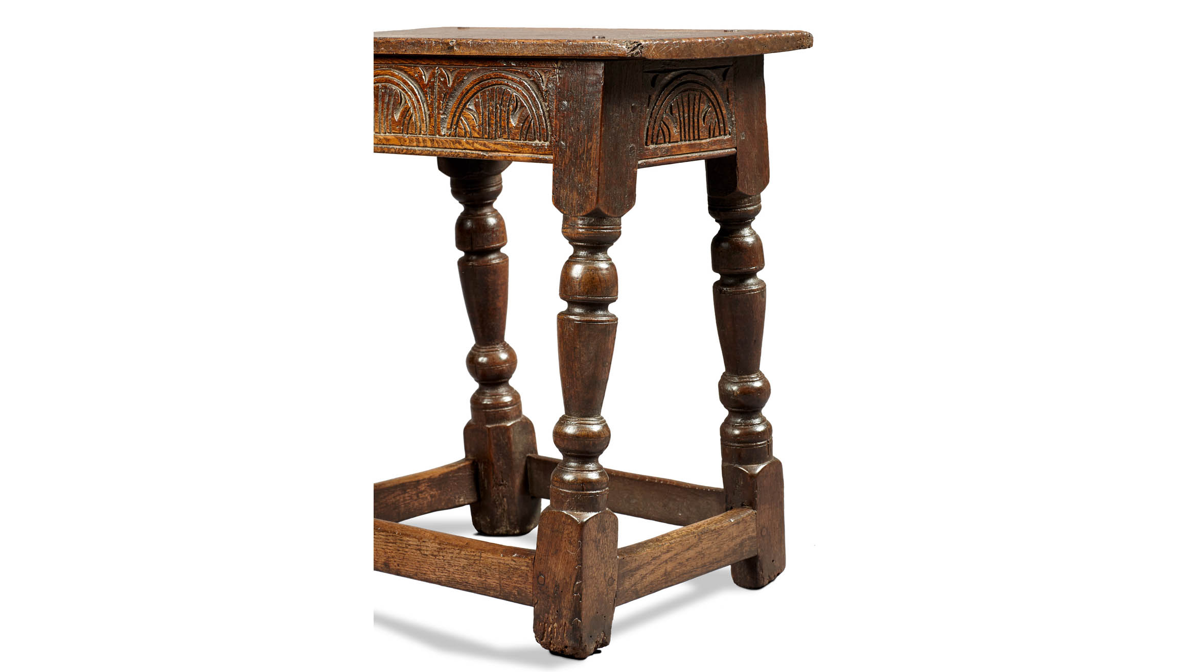 Near Pair of Charles I Oak and Elm Joined Stools, Gloucestershire, circa 1630-1640