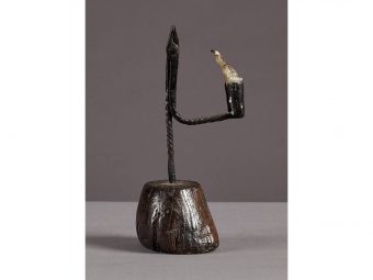 Early 19th Century Twist Stem Wrought Iron and Elm Rushnip, English, circa 1800-1820