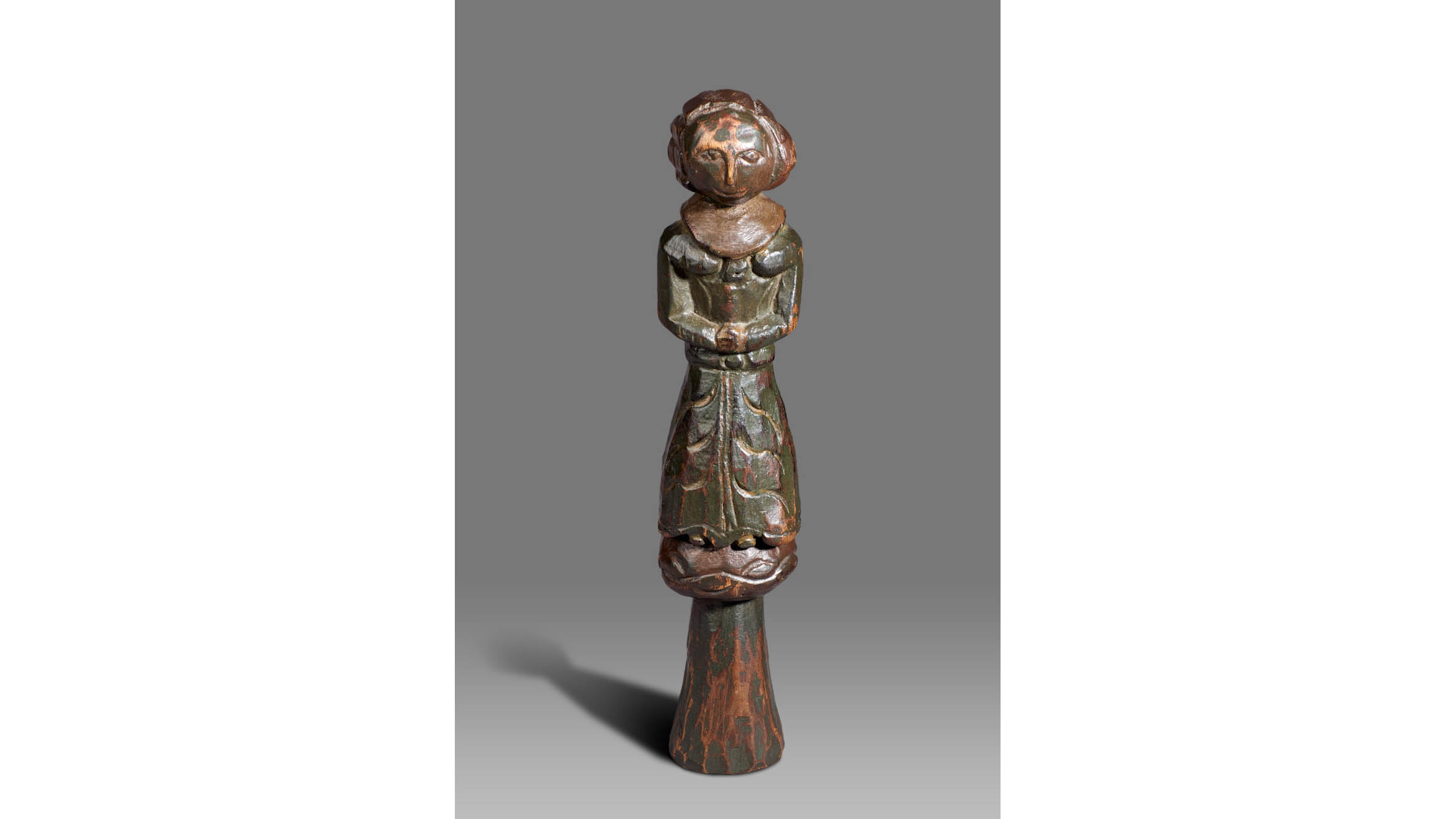 Elizabethan Oak & Polychrome Two-Side Doll, English, circa 1580-1600