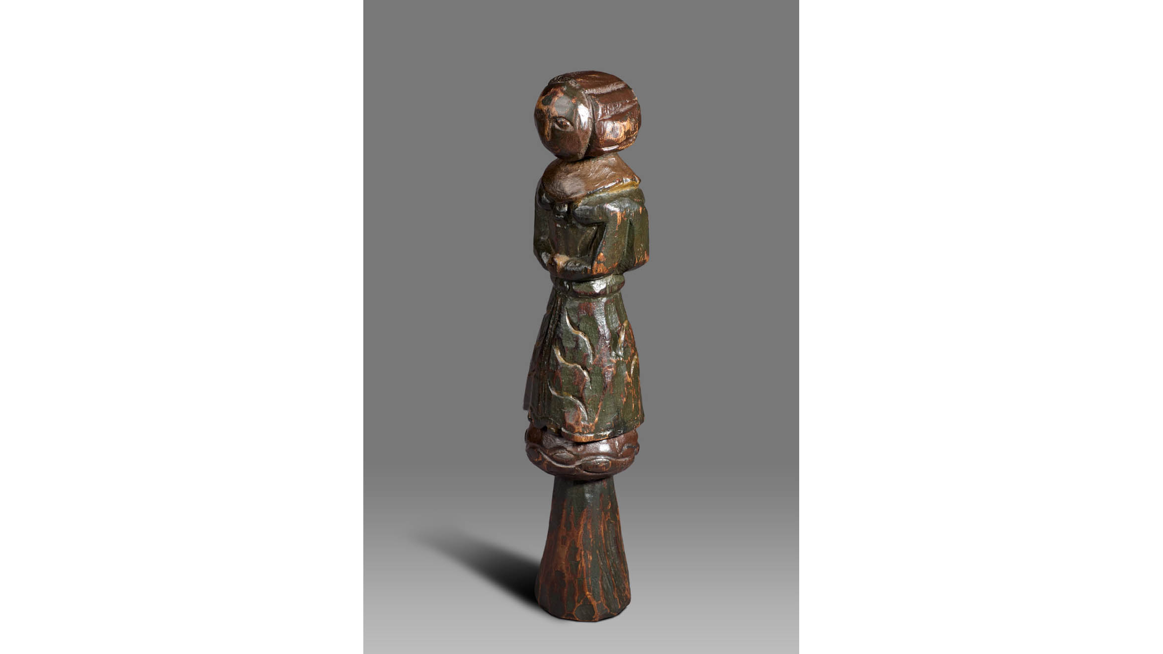 Elizabethan Oak & Polychrome Two-Side Doll, English, circa 1580-1600
