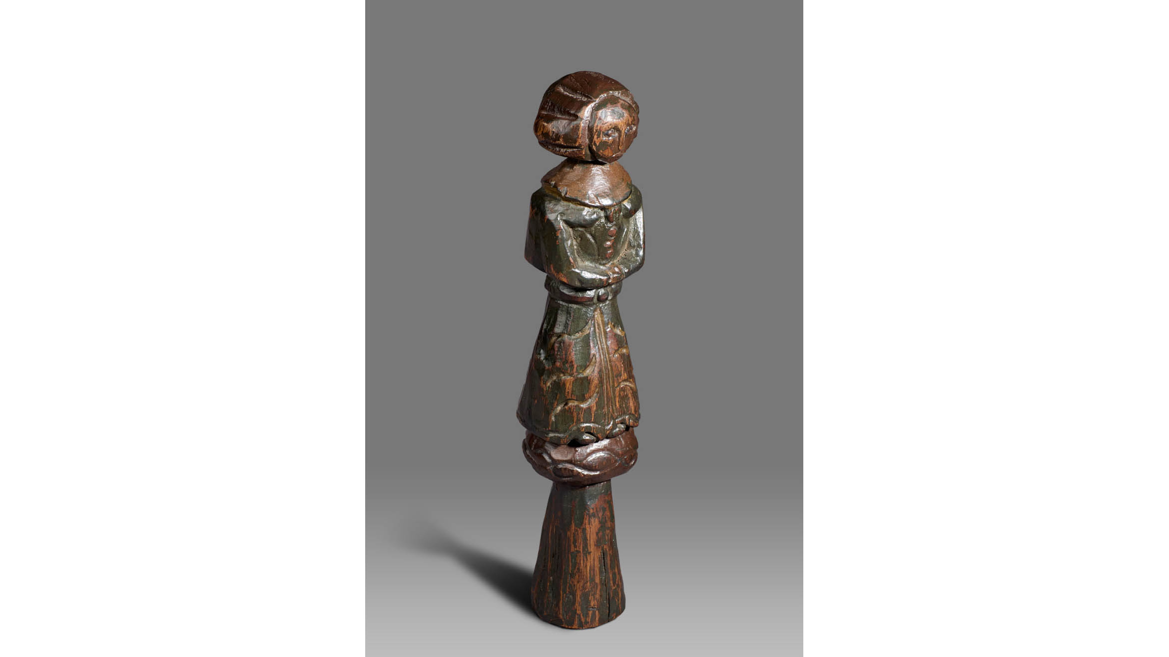 Elizabethan Oak & Polychrome Two-Side Doll, English, circa 1580-1600