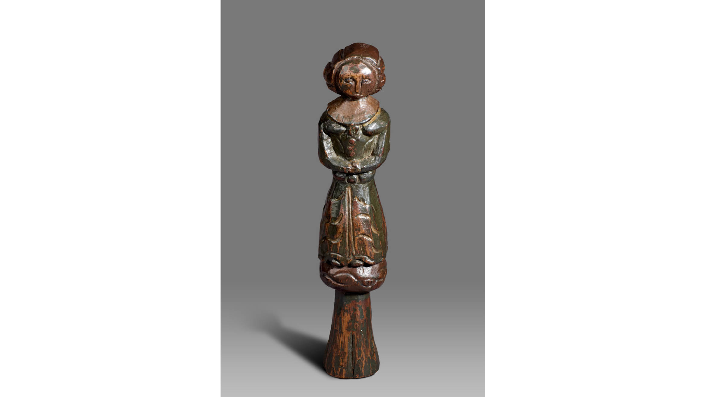 Elizabethan Oak & Polychrome Two-Side Doll, English, circa 1580-1600