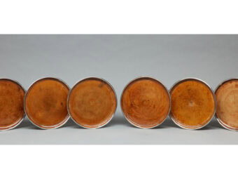 Fine Late 18th / Early 19th Century Matched Set of Six Sycamore and White Metal Trenchers, circa 1780-1800