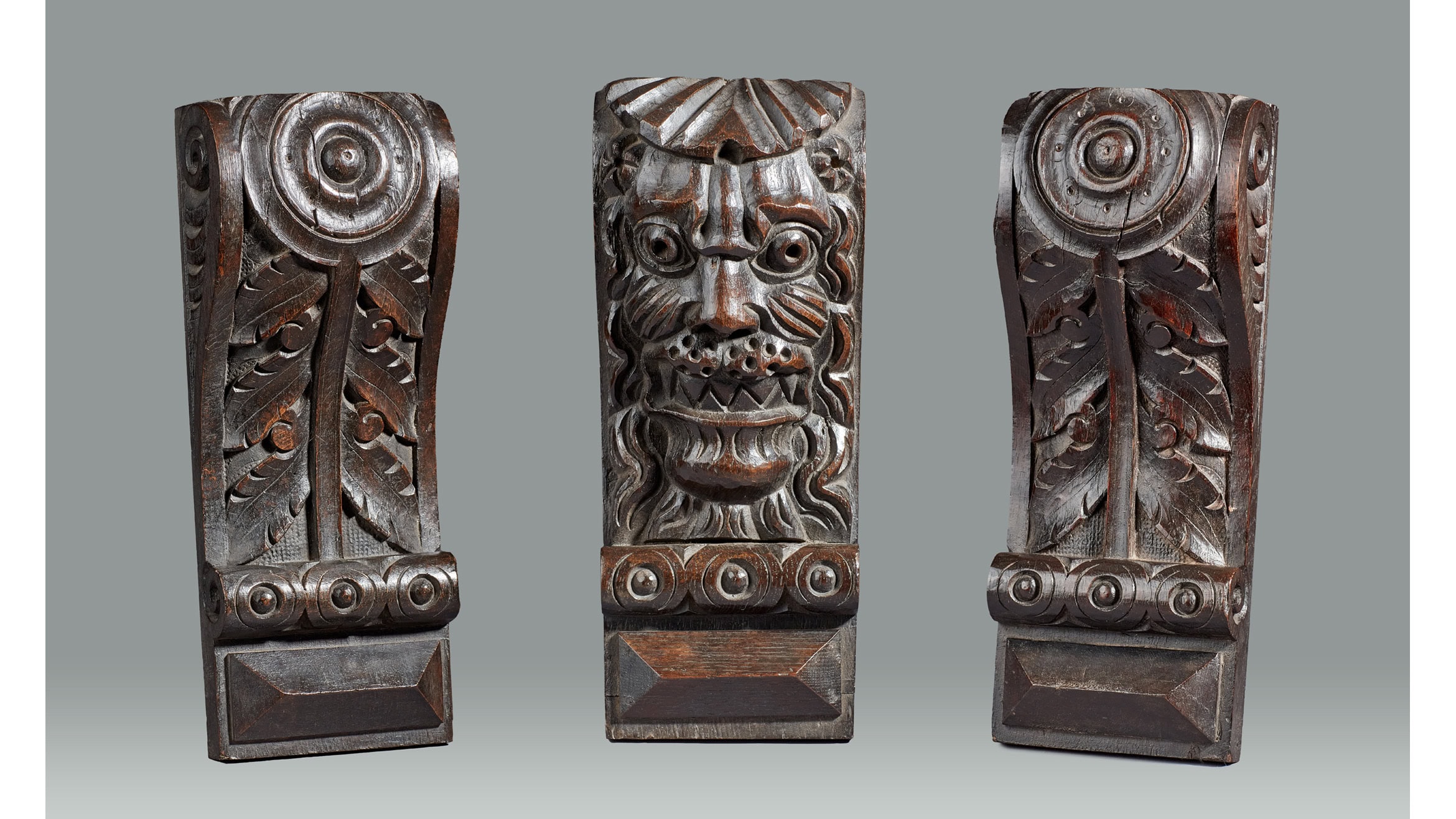 Group of Three Elizabethan Carved Oak Corbels, circa 1590