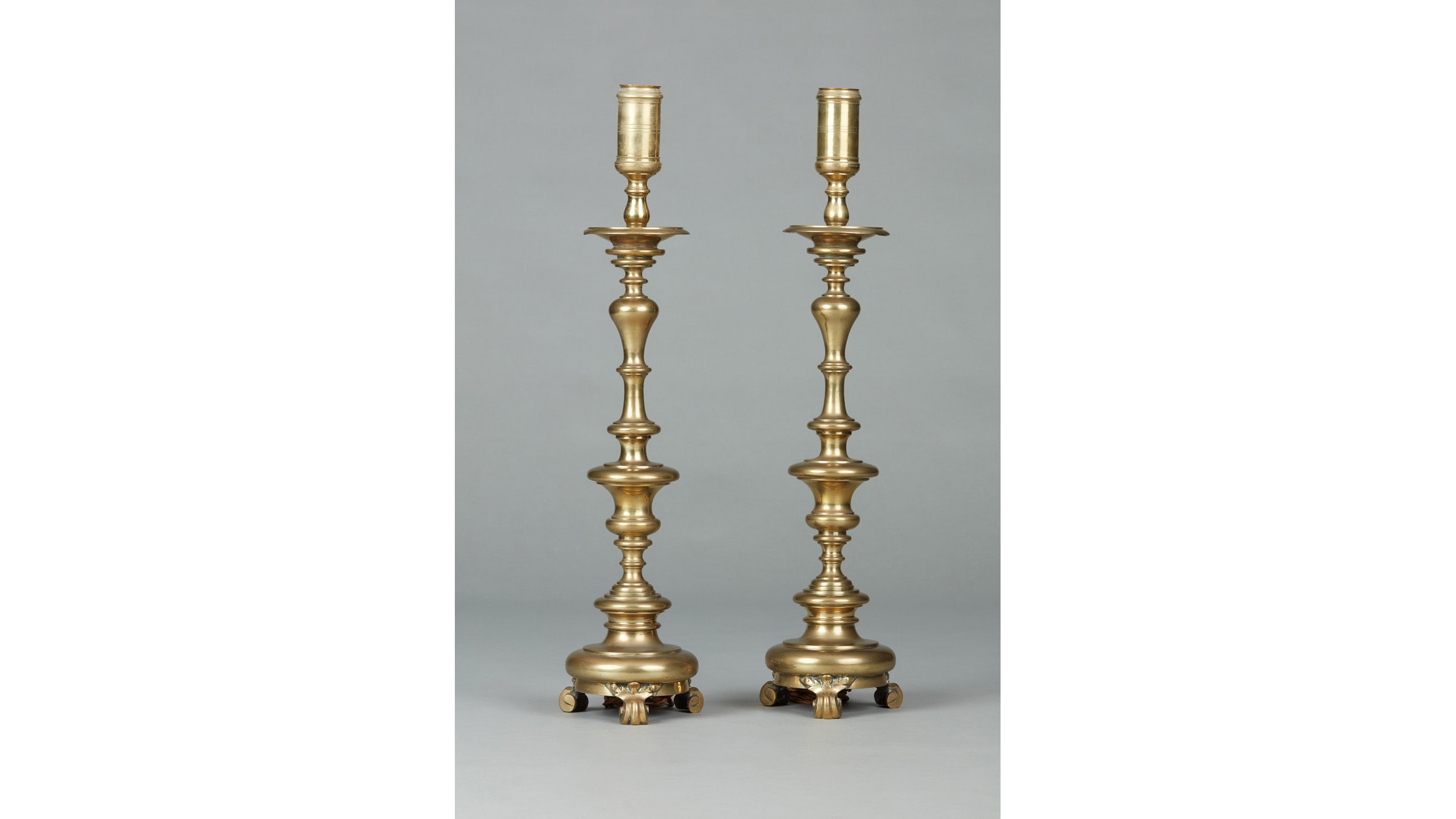 Pair of Late 18th / Early 19th Century Tall Brass Altar Candlesticks, circa 1790-1800