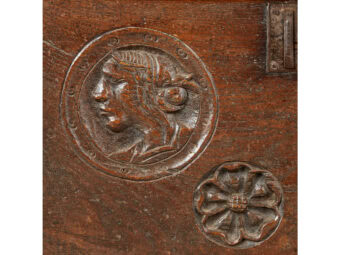 Rare Small Tudor Oak Romayne Carved Boarded Coffer, Henry VIII, circa 1530–1540 - Image 4